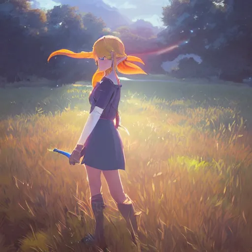 Prompt: zelda in a field. cgsociety masterpiece, artstation trending, by rossdraws, ghibli, kimi no na wa, greg rutkowski, simon stalberg, greg manchess