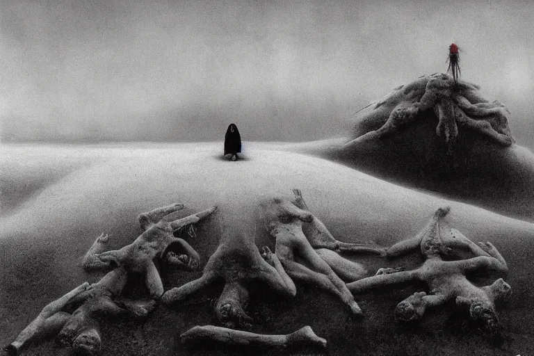 Image similar to a surrealist painting of a lonely woman with pale skin and red hair, standing over pile of bodies in post apocalyptic snowy landscape, painted by zdzisław beksinski