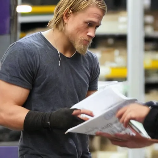 Image similar to charlie hunnam working in a fedex warehouse