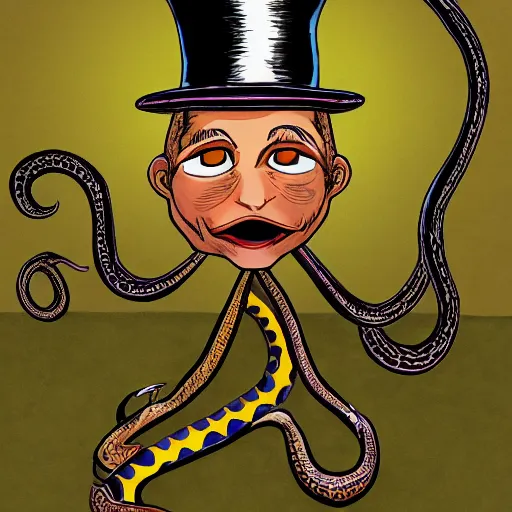 Image similar to snake man in top hat, children's book illustration, detailed, 4k