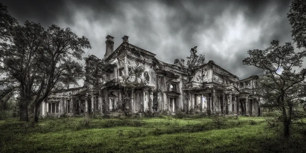 Image similar to a haunted old villa in the middle of an ancient forest, ominous Sky, gloomy atmosphere, cinematic, mist, High definition, 8k, ultra detailed