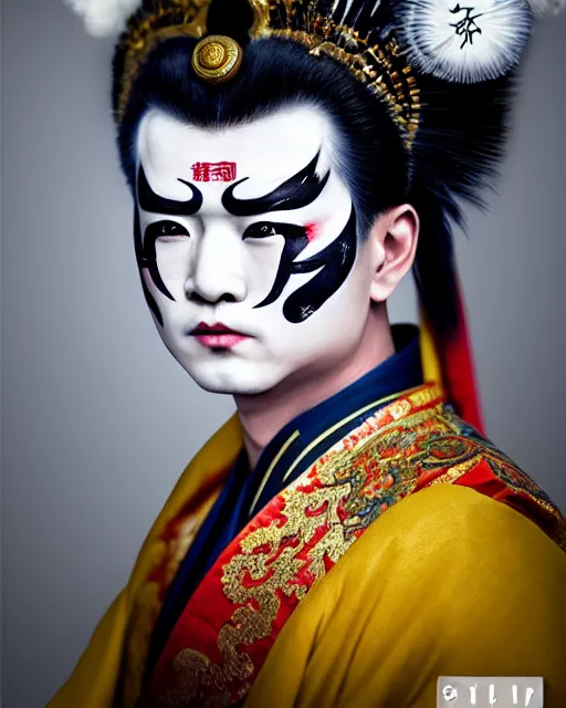 Image similar to photo of a Dramatic Peking Opera male character wearing elaborate makeup with Sanskrit devanagari script words painted on face in the style of stefan kostic, realistic, sharp focus, symmetric, 8k high definition, insanely detailed, intricate, elegant, art by stanley lau and artgerm, William-Adolphe Bouguereau