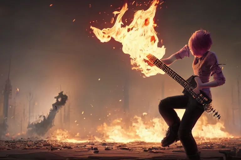 Image similar to An awesome image of a short-haired, lilac-eyed girl with a guitar spewing fire, trending on Artstation, 8k, photorealistic, hyper detailed, unreal engine 5, IMAX quality, cinematic, epic lighting, in the style of Greg Rutkowski