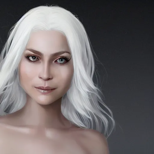 Prompt: portrait of a female human with white skin, white hair, white eyes without pupils, slightly - pointed ears, short wavy hair, eyebrow scar, trending on artstation, ethereal, gentle smile, friendly, glowing, angled