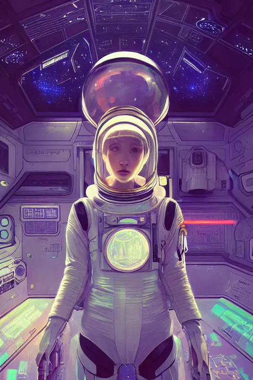 Image similar to portrait armored astronaut girl, inside spaceship command room viewing space and earth, ssci-fi, neon light effect and fantasy, intricate and very very beautiful and elegant, highly detailed, digital painting, artstation, concept art, smooth and sharp focus, illustration, art by tian zi and WLOP and alphonse mucha