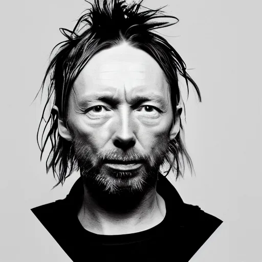 Image similar to Thom Yorke, a man with a beard and a black jacket, a portrait by John E. Berninger, dribble, neo-expressionism, uhd image, studio portrait, 1990s