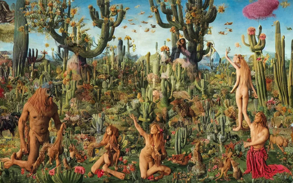 Image similar to photograph of a meditating centaur shaman and a striped werewolf feeding animals. surrounded by bulbous flowers, animals and a few trees and cacti. river delta with cliffs under a blue sky of burning stars. painted by jan van eyck, max ernst, ernst haeckel, ernst fuchs and artgerm. trending on artstation, trending on cgsociety