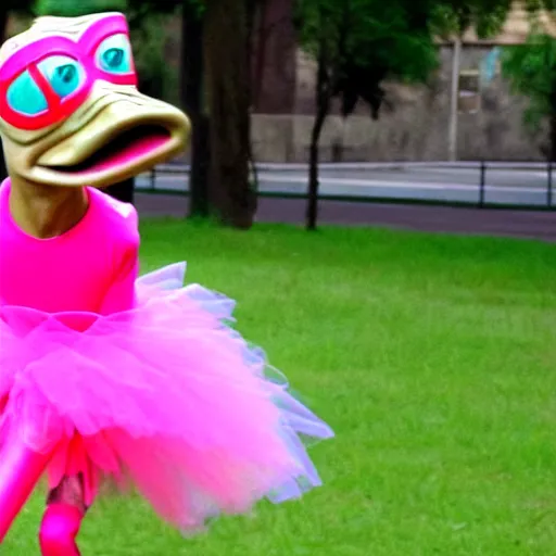 Image similar to jar jar binks in a tutu riding a pink flamingo into battle