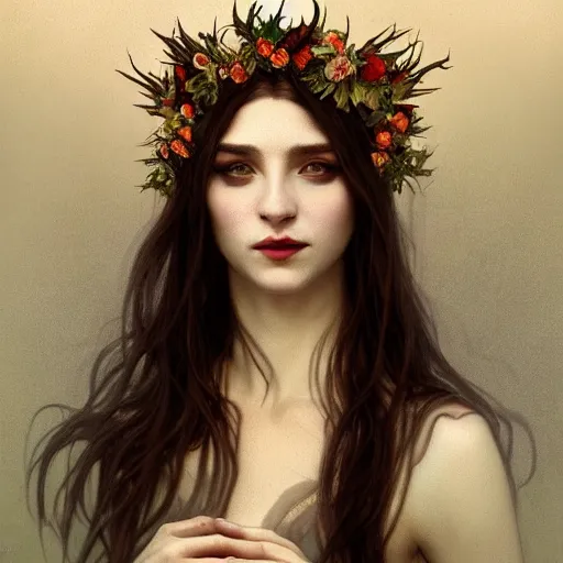 Prompt: portrait of beautiful vampire, flower crown, thorn everywhere, headshot, pale skin, 4k, rule of thirds, extreme detail, detailed drawing, trending artstation, hd, fantasy, D&D, realistic lighting, by Alphonse Mucha, Greg Rutkowski, sharp focus, backlit