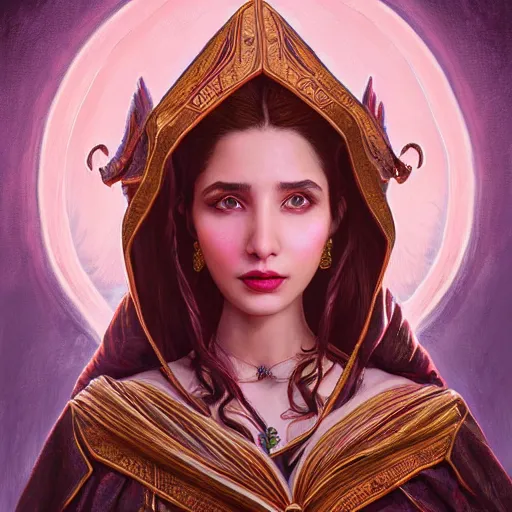 Prompt: head-on symmetrical centered painted portrait, Mahira Khan as a D&D wizard, victorian robes, fantasy, intricate, elegant, highly detailed, digital painting, smooth, sharp focus, illustration, artstation, in the style of Artgerm and Anna Podedworna and Alex Ross