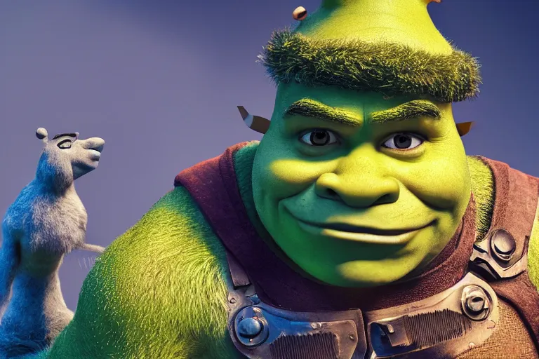 Image similar to Shrek wearing futuristic armor, with a bird on top of his head.. ultra-detailed, 8k, octane render