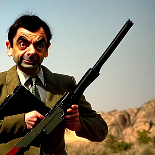 Prompt: mr. bean as rambo. movie still. cinematic lighting.