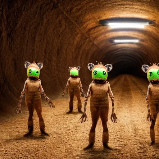 Image similar to cinematic photo of humans wearing realistic ant costumes in an underground dirt tunnel. several tunnel exits lead off in different directions.