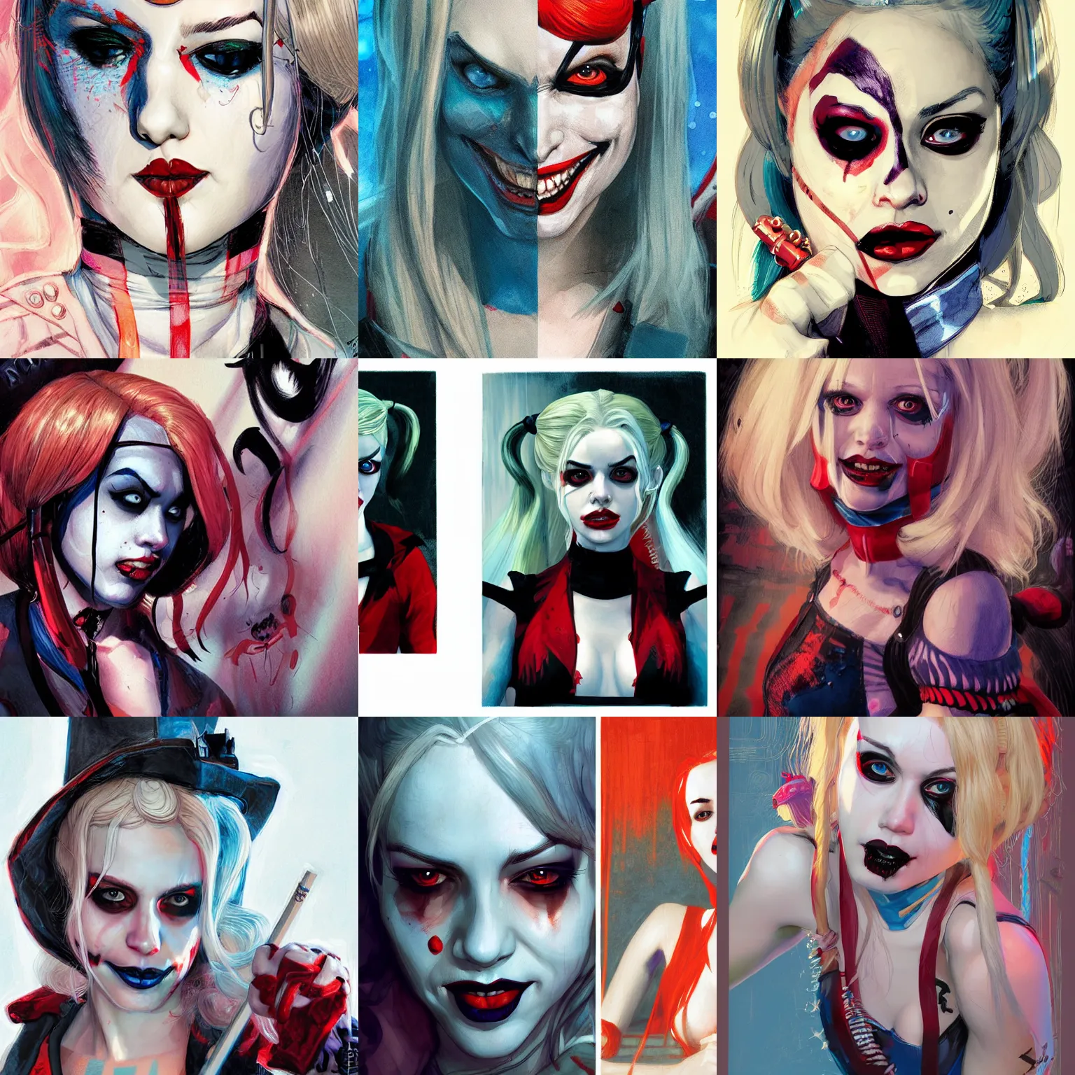 Prompt: cosplay on Harley Quinn on Halloween, illustration, comic, by James Jean, by John Coltrane and Marc Simonetti, high detail of the face