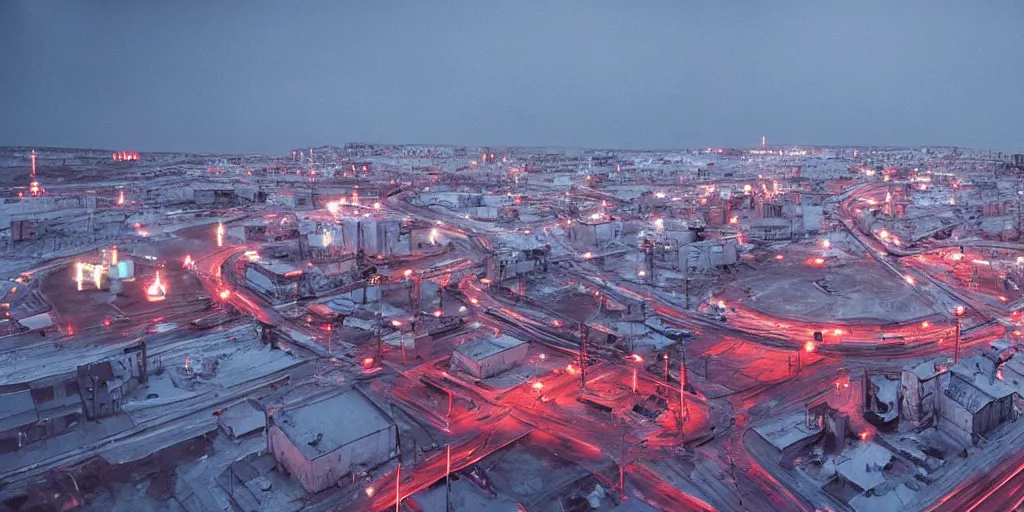 Image similar to cinematic shot of norilsk russian orbit city cityscape, telephoto, iconic scene from the paranoid thriller sci fi film directed by stanley kubrick, anamorphic cinematography, beautiful composition, color theory, leading lines, photorealistic, moody volumetric lighting