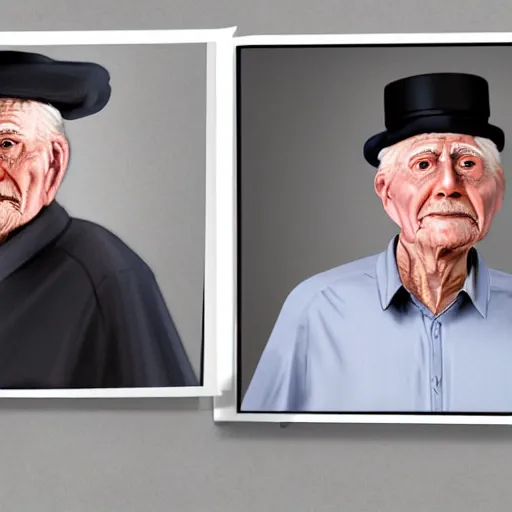 Prompt: realistic renderings of very old man portrait with a hat, astonishing scenes