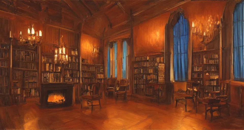 Prompt: Dark victorian hall with two chairs and fireplace. Stained-glass above, bookshelves, by Stefan Koidl. artstation, blue lighting.