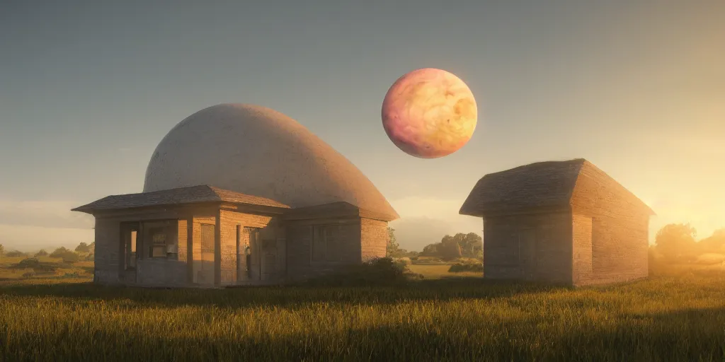 Image similar to a serene landscape with a singular building at sunrise with a giant jupiter appearing in the sky, digital art, concept art, octane render, unreal engine 5, hyperrealistic, highly detailed, high quality, 4K, low contrast, soft lighting, path tracing, complementary colors, natural lighting, geometric