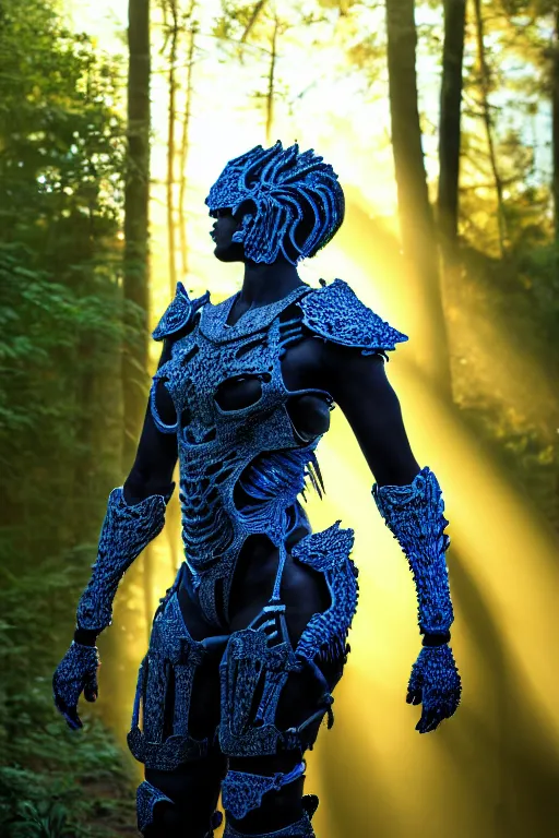 Prompt: hyperrealistic mithra gorgeous black woman intricate exoskeleton bone armor in a forest sun behind her concept art eric zener elson peter cinematic blue light low angle hd 8k sharp shallow depth of field