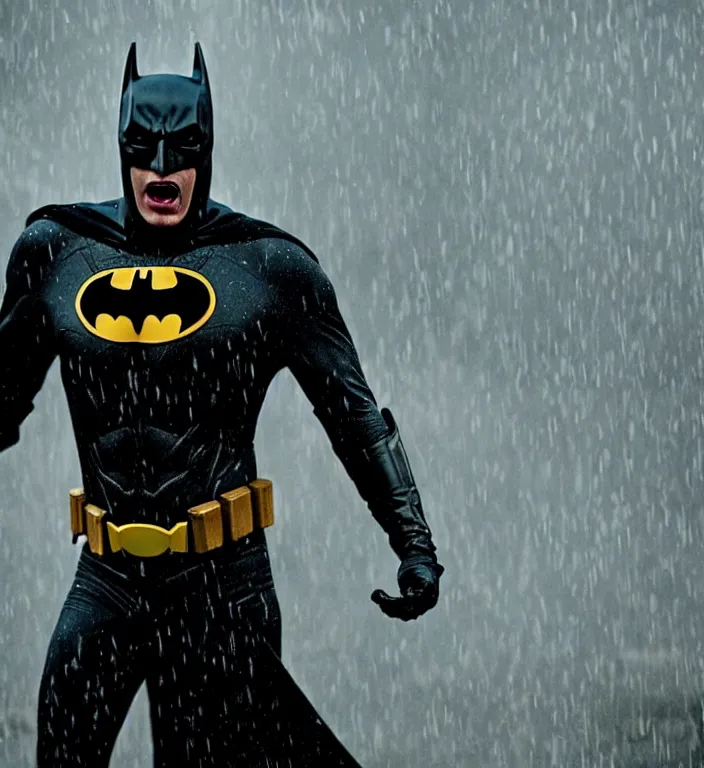 Image similar to cinematic still of tobey maquire as batman, screaming in pain, dramatic rain, 8 k
