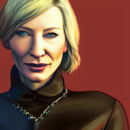 Image similar to concept art of cate blanchett in grand theft auto V, gaming, detailed, 4k