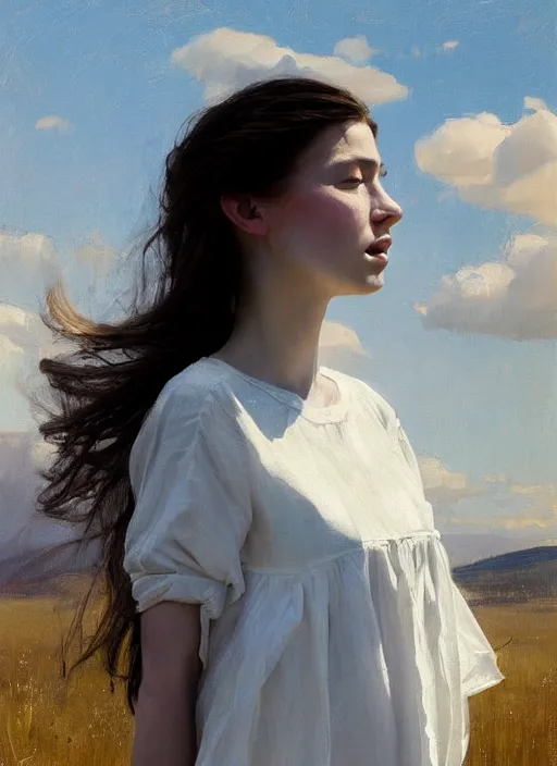 Image similar to portrait of a levitating girl dressed in white clothes, countryside, calm, fantasy character portrait, dynamic pose, above view, sunny day, thunder clouds in the sky, artwork by Jeremy Lipkin and Giuseppe Dangelico Pino and Michael Garmash and Rob Rey, very coherent asymmetrical artwork, sharp edges, perfect face, simple form, 100mm