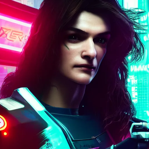 Image similar to rachel weisz portrait, cyberpunk 2 0 7 7, cyberpunk judy alvarez, photorealistic, ultra detailed, neon, octane, bokeh, cinematic lighting, cyber, cyberpunk city, studio quality, feature, scars, cyberface, 8 k