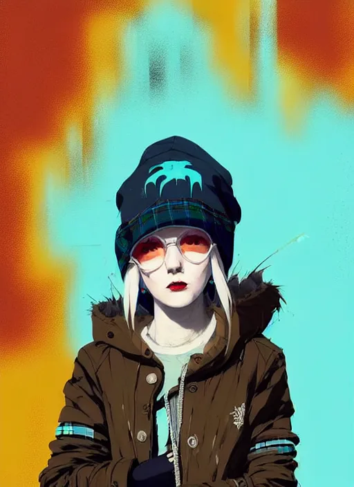 Image similar to highly detailed portrait of a sewer punk lady student, blue eyes, tartan hoody, hat, white hair by atey ghailan, by greg rutkowski, by greg tocchini, by james gilleard, by joe fenton, by kaethe butcher, gradient yellow, black, brown and cyan color scheme, grunge aesthetic!!! ( ( graffiti tag wall background ) )