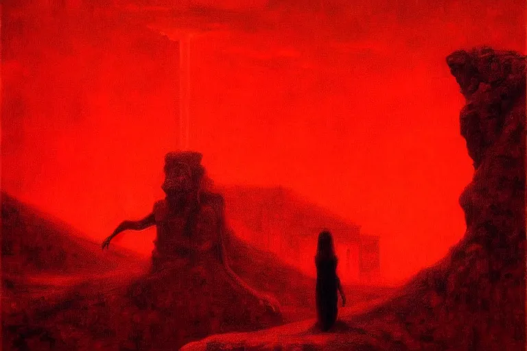 Image similar to only with red, a red tiger, rome in the background, medieval demons dance, an ancient path, in the style of beksinski, part by hopper, part by rodcenko, part by hofbauer, intricate composition, red by caravaggio, insanely quality, highly detailed, masterpiece, red light, artstation