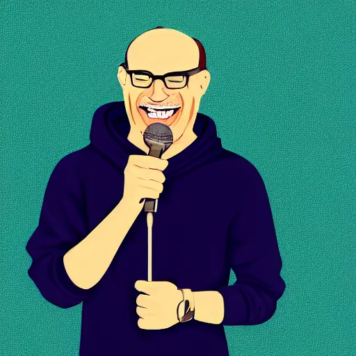 Prompt: clip art of a man, balding, wearing glasses, big smile, wearing a hoodie, holding a microphone