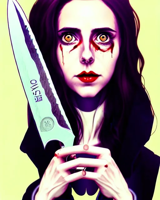 Image similar to loish, artgerm, Joshua Middleton art, Rafeal Albuquerque, pretty Alison Brie serial killer holding bloody knife in right hand realistic hand, blood on clothes and face, sarcastic smile, symmetrical eyes, symmetrical face, jean jacket, jeans, short blonde hair, middle shot, night time, deep blacks