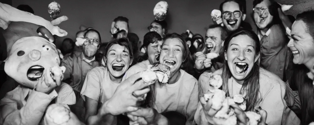 Image similar to a group of people laughing at a man with hamburgers for ears, canon 5 0 mm, cinematic lighting, photography, retro, film, kodachrome, closeup