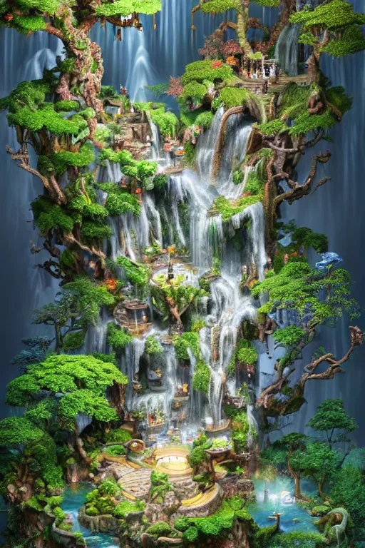 Prompt: isometric view of a fantastical garden with waterfalls and giant trees, by Andrei Riabovitchev, Shaun Tan, Peter Mohrbacher and Takayuki Takeya, ancient ornate intricate, cinematic, realistic, intricate detail, finely detailed, small details, extra detail, photorealistic, high resolution, 3D, PBR, blue light, path tracing, volumetric lighting, octane render, arnold render, 8k