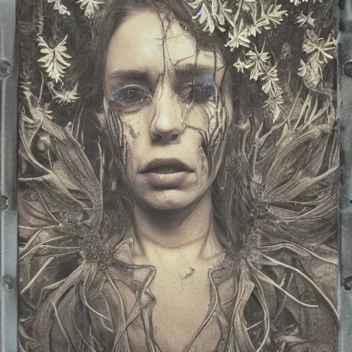 Image similar to a beautiful detailed front view portrait of a rotten woman corpse with fractal plants and fractal flowers growing around, volumetric light, beautiful lit, polaroid photography