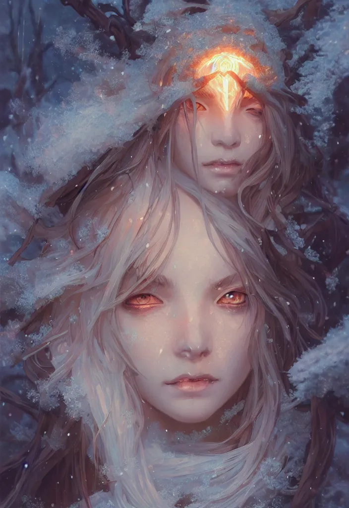 Image similar to beautiful ancient frost witch, eye fire, snow glow, snowfall, highly detailed, digital painting, artstation, sharp focus, illustration, art by tan zi and ayanamikodon and alphonse mucha and wlop