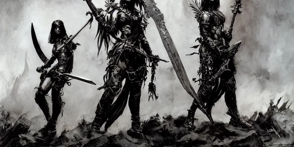 Prompt: female death dealer warrior, angel, by frank frazetta, wield large sharp metal double axe, full armor with ornaments made of black obsidian, standing on a hill at dark forest, cloudy dark sky, post-apocalyptic hellscape, hyperdetailed, photorealistic