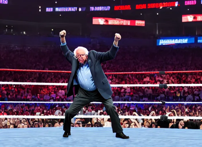 Prompt: photo still of bernie sanders in the ring at wwe wrestlemania 3 6!!!!!!!! at age 7 8 years old 7 8 years of age!!!!!!! posing on top turn buckle, 8 k, 8 5 mm f 1. 8, studio lighting, rim light, right side key light