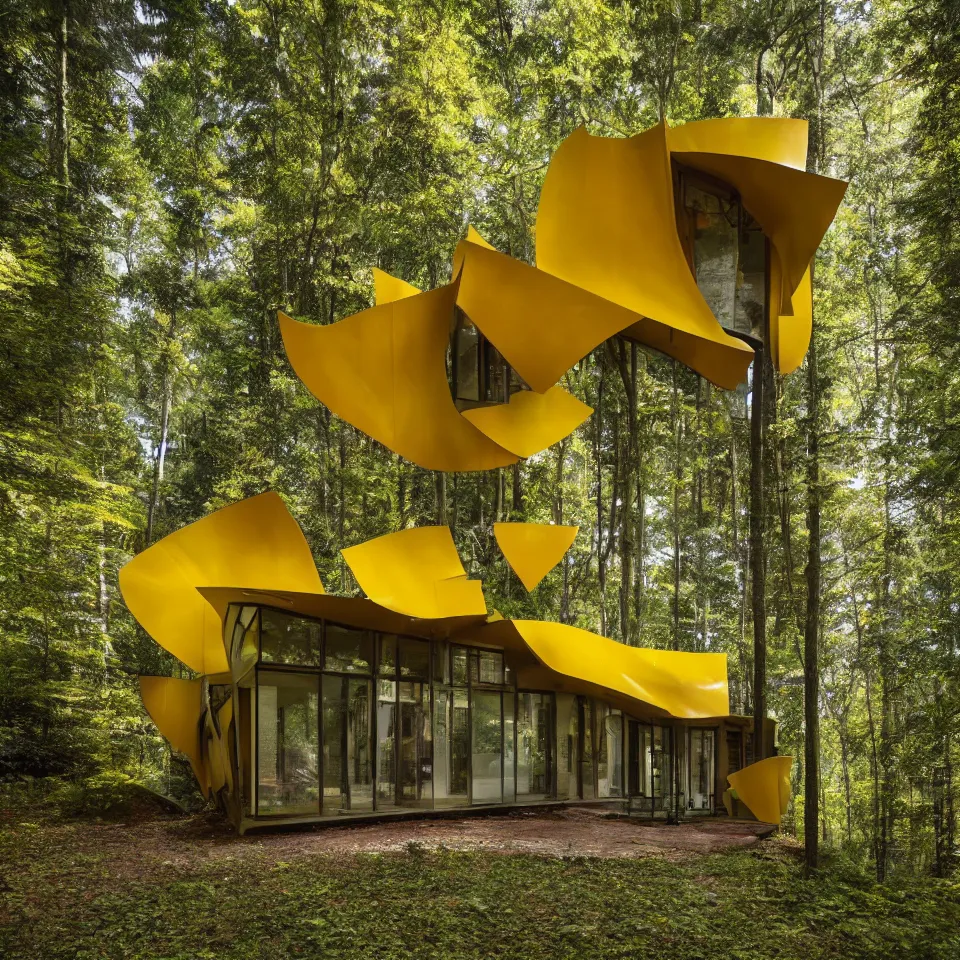 Prompt: a small flat house in the forest, designed by Frank Gehry. Big Tiles. Film grain, cinematic, yellow hue
