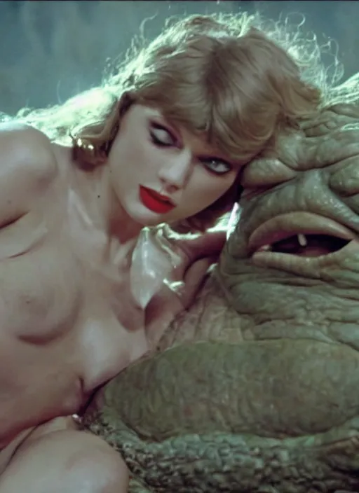 Prompt: film still of taylor swift being swallowed by jabba the hut, in the movie star wars. goo, saliva, sweat, oily substances.