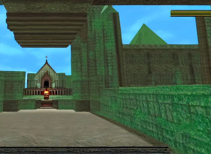 Image similar to a lonely temple next to an ancient city. screenshot of ocarina of time. nintendo 6 4 ( 1 9 9 6 )