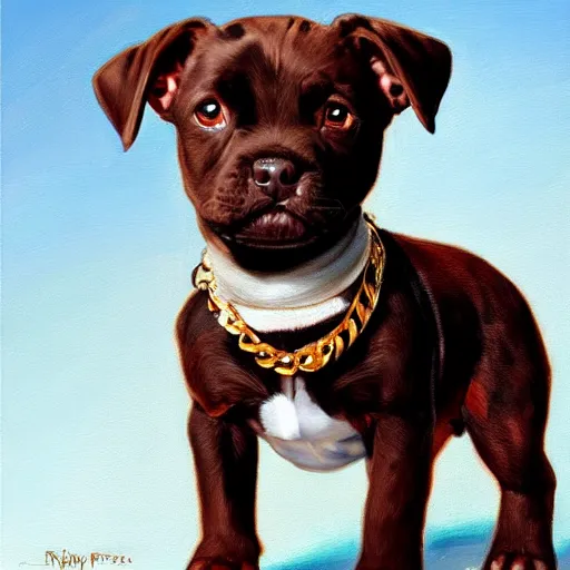 Prompt: young dark brown staffy terrier puppy with a white underbelly, wearing gold chains, sitting on his back legs, big brown eyes, cool, stylish, rule of thirds, extremely fine detail, gouche, oil painting, artstation