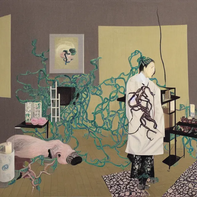 Image similar to a female emo pathology student in her apartment, wrapped in vines, medical equipment, candles, octopus, japanese tea ceremony, pig, black walls, ikebana, black armchair, sculpture, acrylic on canvas, surrealist, by magritte and monet