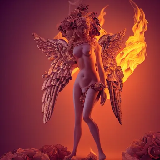 Image similar to fully body image of baroque style ornate warrio angel standing in bed of roses surounded by fire and smoke, moody rim light, dynamic lighting, cinematic shot, ultra detail, renderman, physically based render