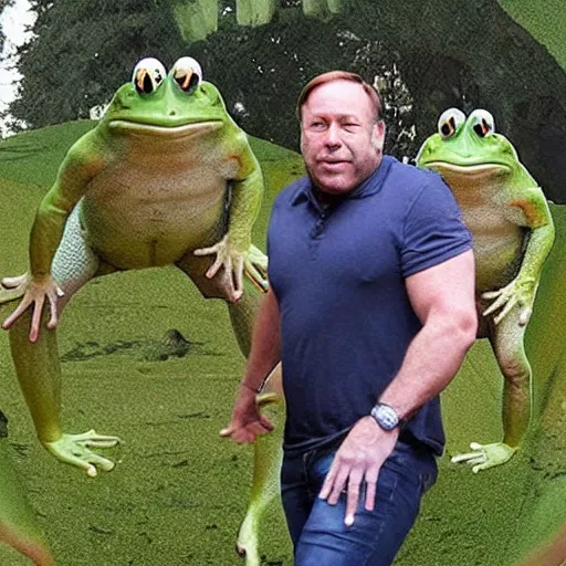 Prompt: Alex Jones stepping through an interdenominational portal to his home planet of frog people