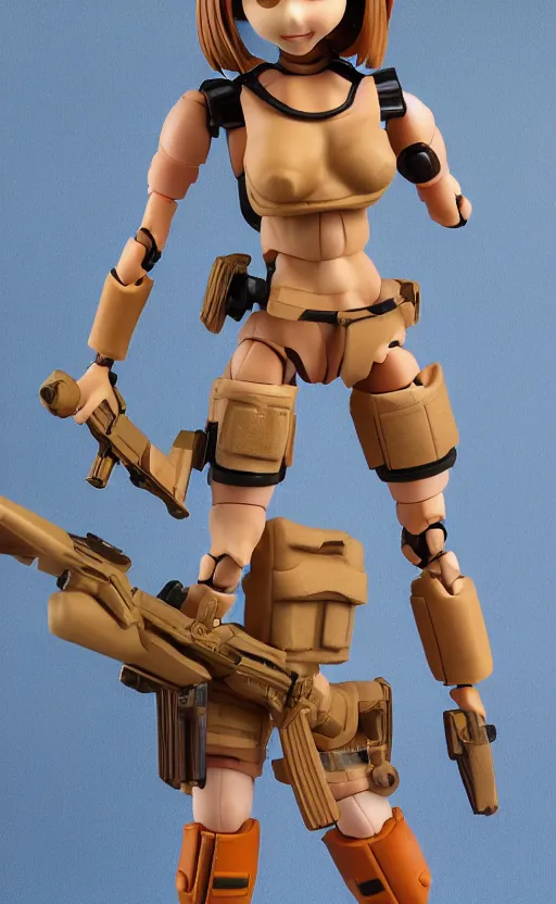 Image similar to marginal operation manga, toy photo, realistic face, dust and dirt, portrait of the action figure of a tan girl, realistic character anatomy, 3d printed, plastic and fabric, figma by good smile company, collection product, desert background, realistic ak47, 70mm lens, hard surfaces, photo taken by professional photographer, trending on Twitter, symbology, 4k resolution, low saturation, realistic military gear