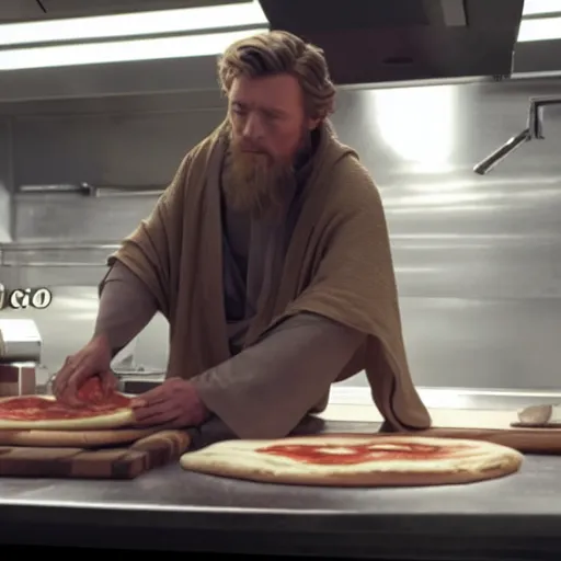 Image similar to A still of Alec Guinnes as Obi-Wan Kenobi making a pizza, 4k, photograph, ultra realistic, highly detailed, professional lighting
