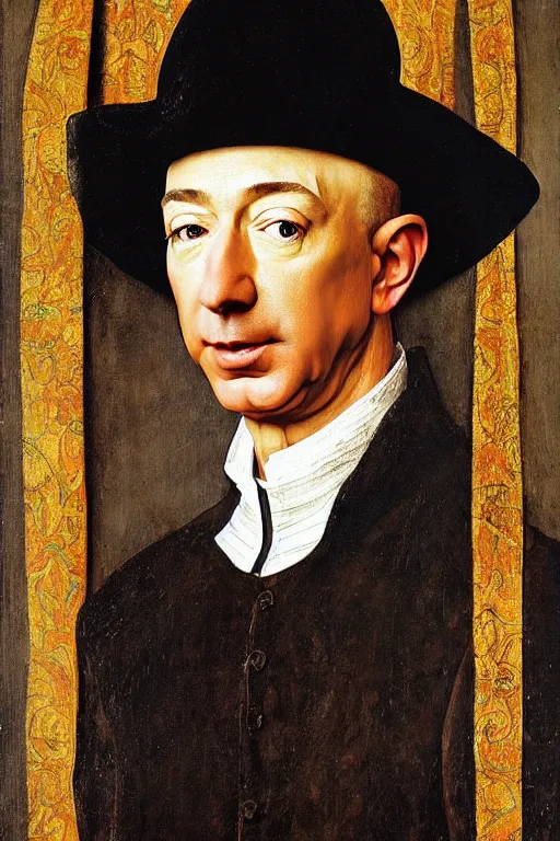 Image similar to portrait of jeff bezos!!! oil painting by jan van eyck, northern renaissance art, oil on canvas, wet - on - wet technique, realistic, expressive emotions, intricate textures, illusionistic detail