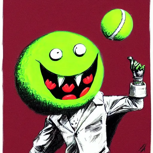 Image similar to a tennis ball monster ,tennis ball, joker, chalk, digital art, fantasy, magic, trending on artstation, ultra detailed, professional illustration by Basil Gogos