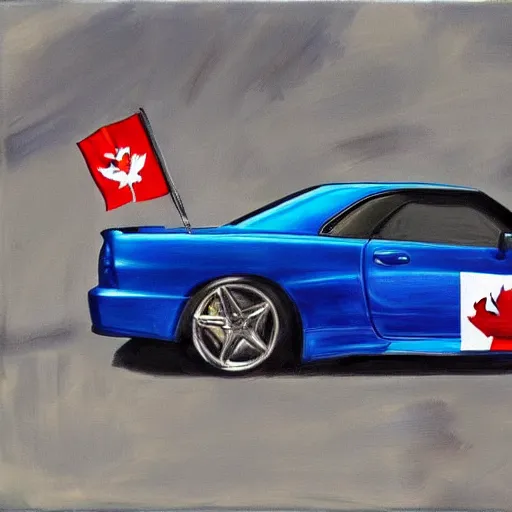 Image similar to Paul Walker holding Canadian flag next a blue r34 skyline, painting