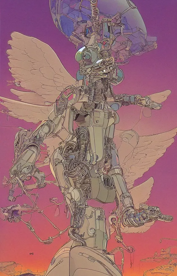 Image similar to Artwork by moebius and chichoni, Beautiful robotic angel